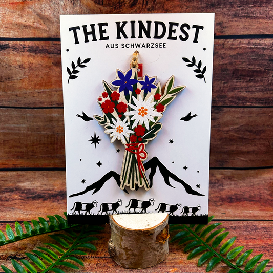 Swiss Souvenir Alpine Edelweiss Flower Decoration presented on backing card