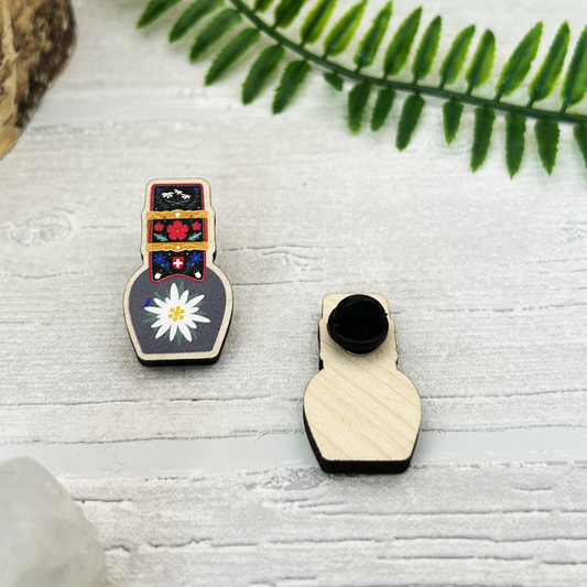 Edelweiss Swiss Cow Bell Wood Pin Badge