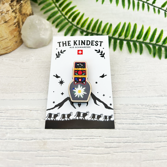 Edelweiss Swiss Cow Bell Wood Pin Badge