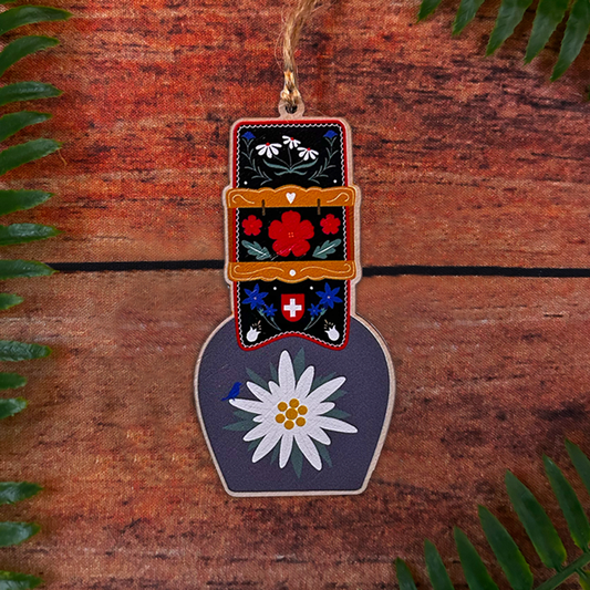 Swiss Edelweiss Alpine Cow Bell wooden Decoration