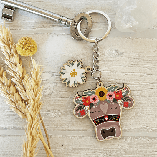 Swiss Floral Cow and Edelweiss Keyring