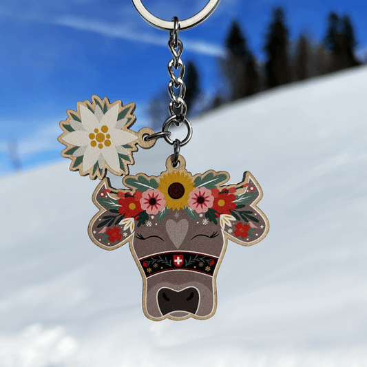 Swiss Floral Cow and Edelweiss Keyring
