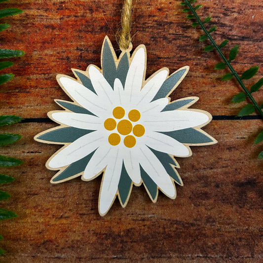 swiss edelweiss illustration on wooden decoration