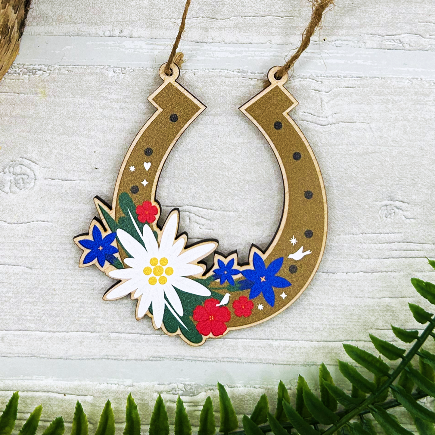 Edelweiss Horseshoe Wooden Decoration