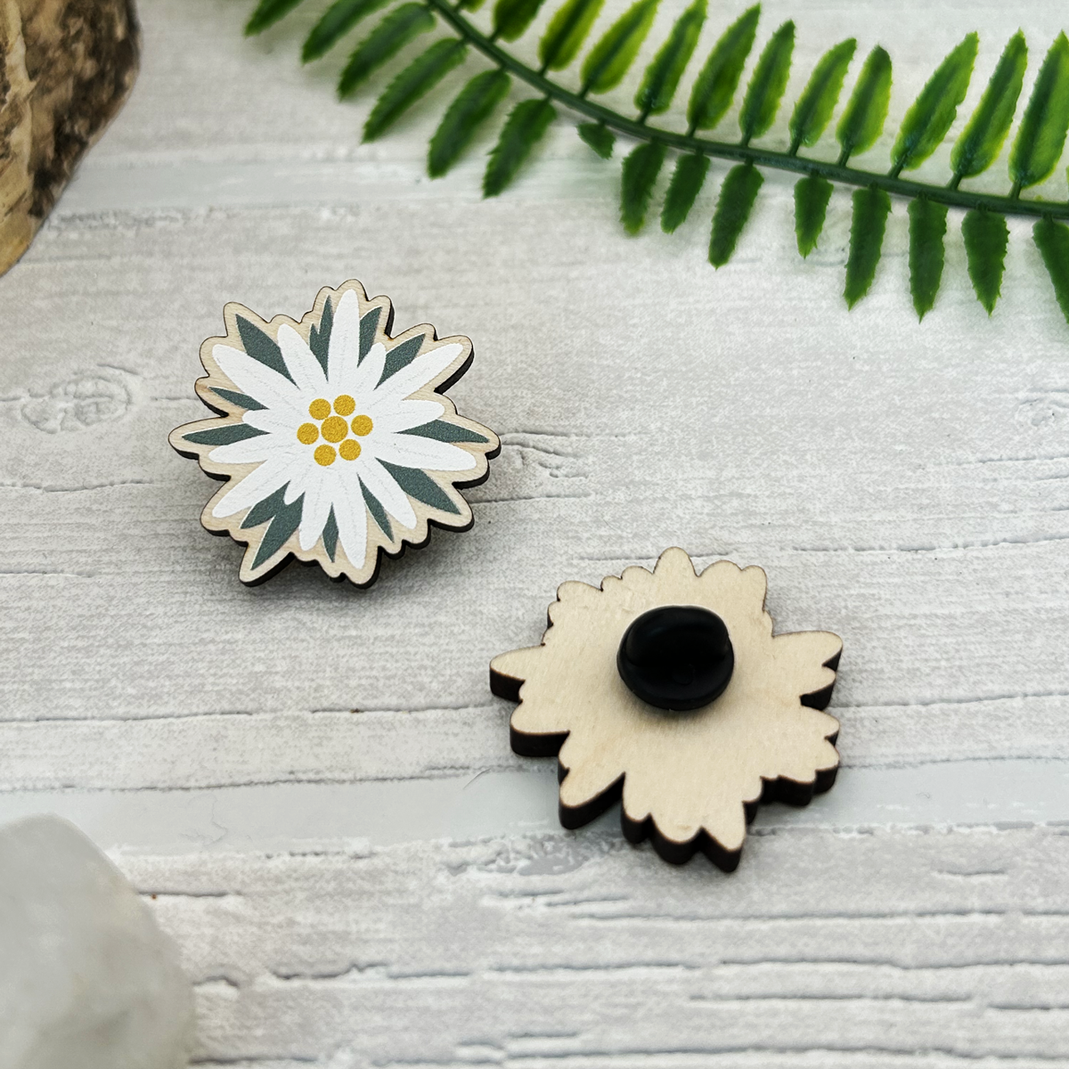 Swiss Edelweiss Wood Pin Badge