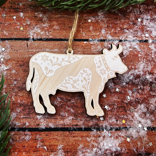 Festive Cow (White) Wooden Decoration
