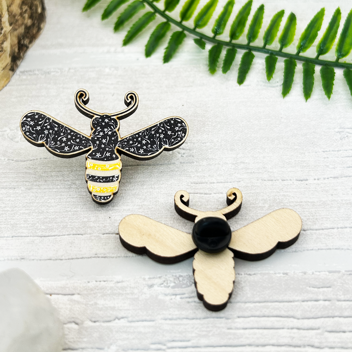 Floral Bee Wood Pin Badge