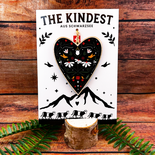 Folk art inspired floral illustration on wooden decoration presented on backing card