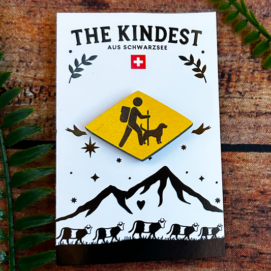 wooden pin badge with swiss hiking trail wanderweg symbol with dog on backing card switzerland souvenir