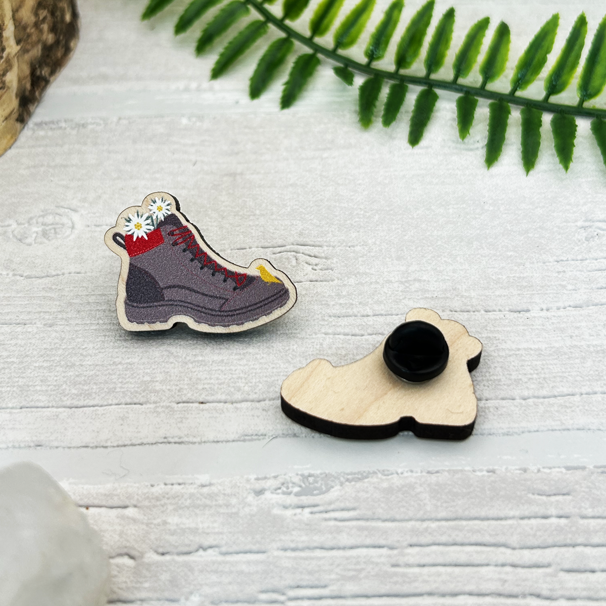 Edelweiss Hiking Boot Wood Pin Badge