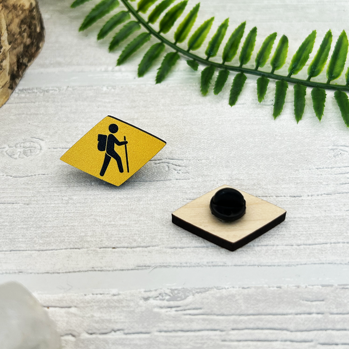 Swiss Hiking Sign Wood Pin Badge