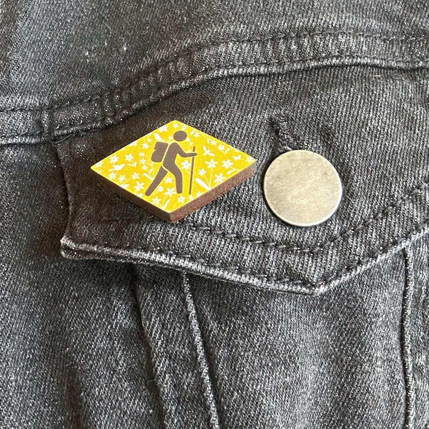 Floral Swiss Hiking Sign Wooden Pin Badge