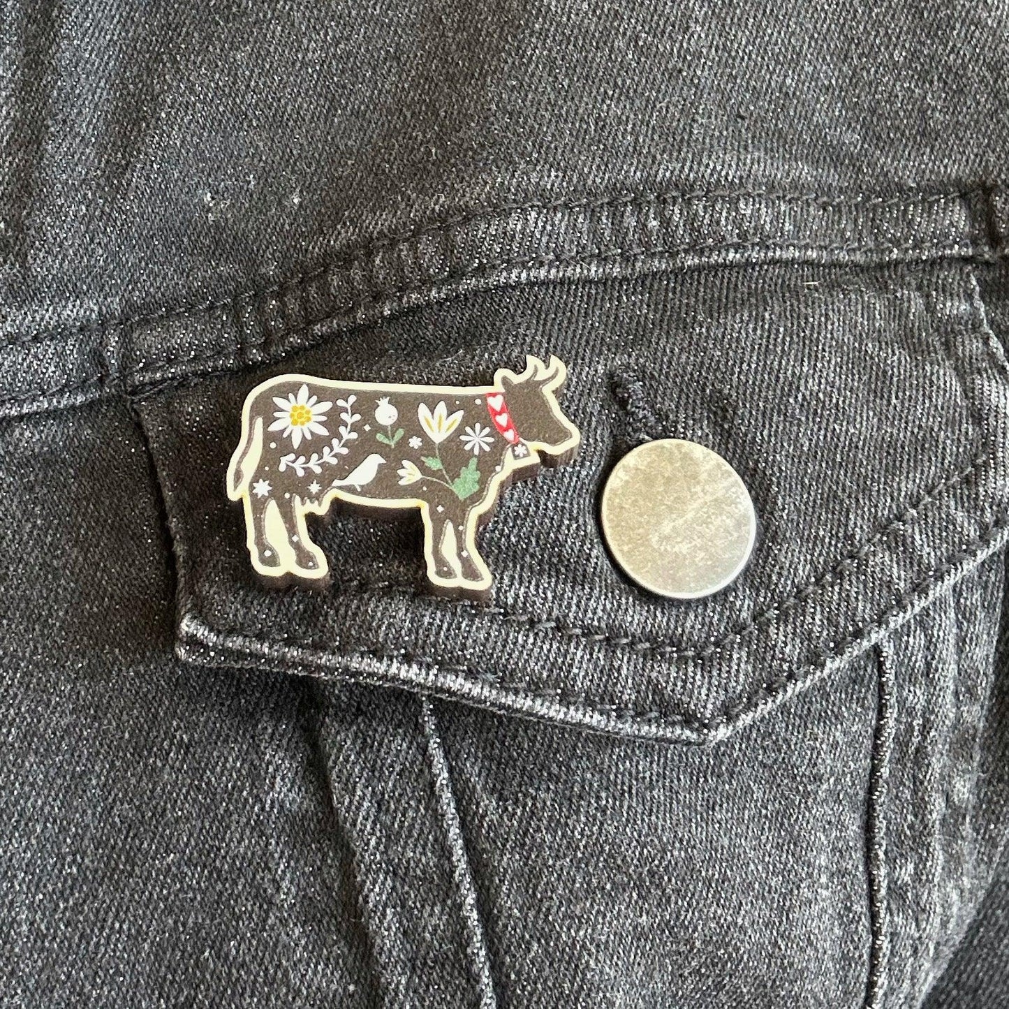 Black Cow Wooden Pin Badge