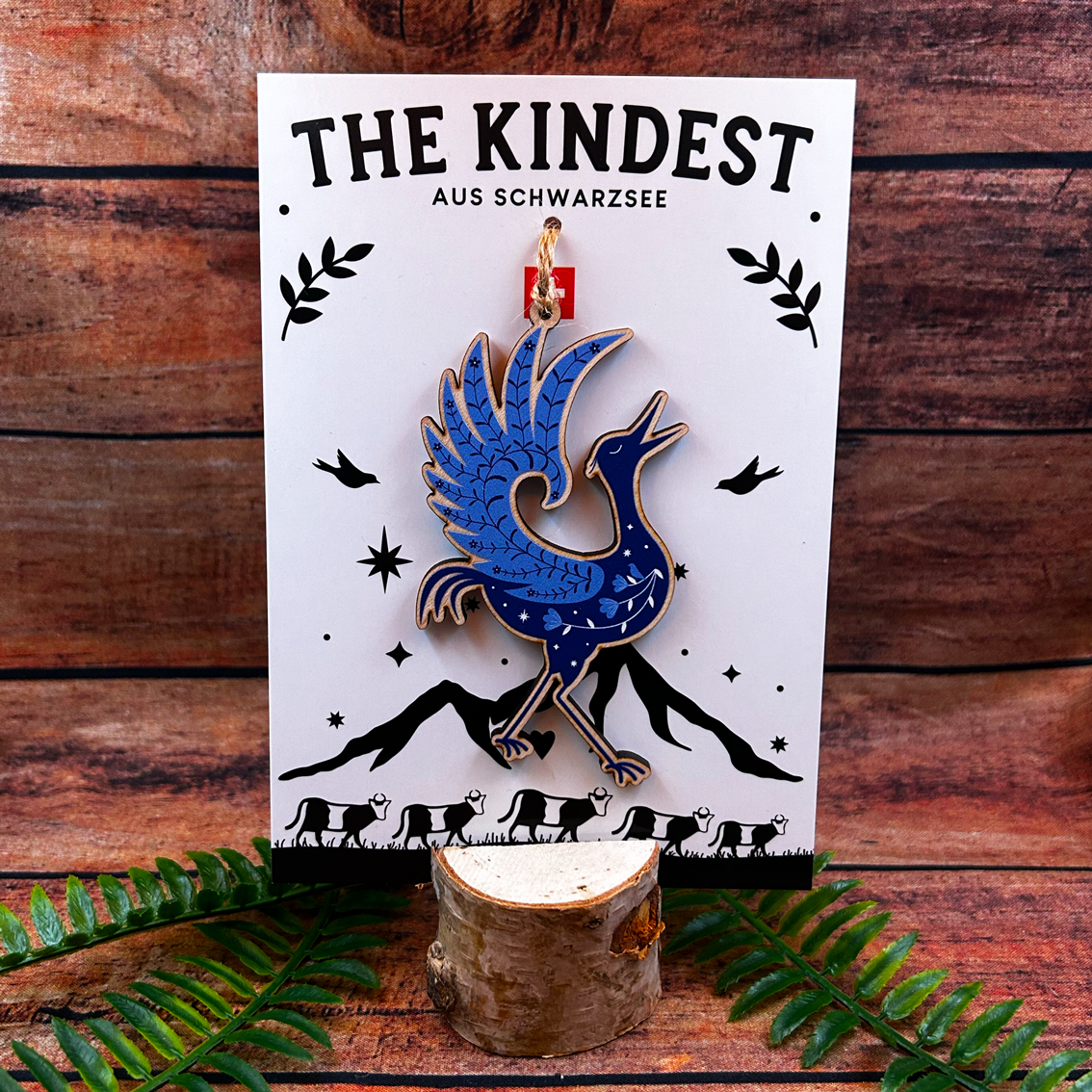 Blue Heron Crane La Grue Wooden Decoration on backing card- swiss souvenir