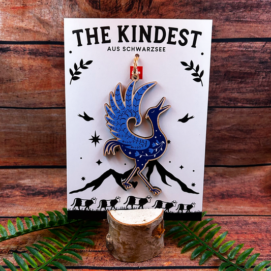 Blue Heron Crane La Grue Wooden Decoration on backing card- swiss souvenir