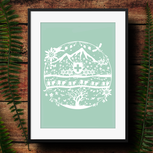 Swiss papercut style art print in white and green.