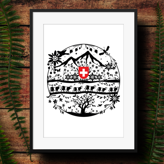Swiss papercut style art print in white and black.