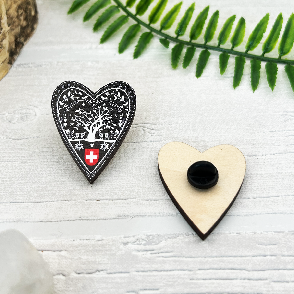 Swiss Folk Art Heart Wood Pin Badge