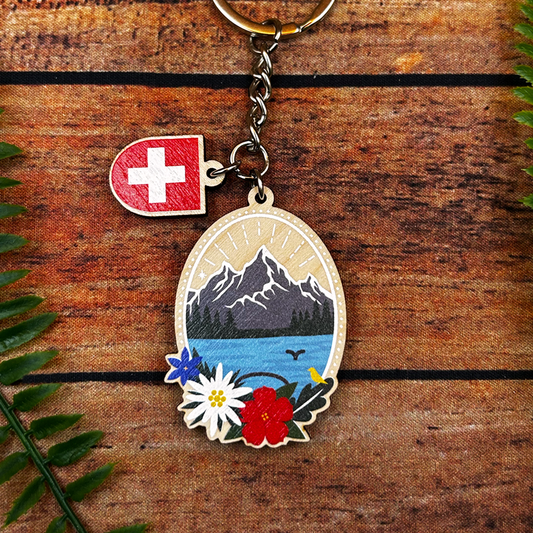 Schwarzsee Swiss Alps and Lake Keyring with swiss flag charm