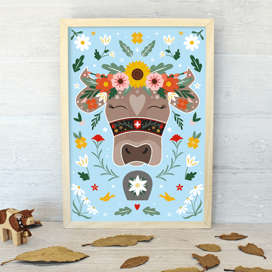 Swiss Cow Floral Edelweiss Art Print