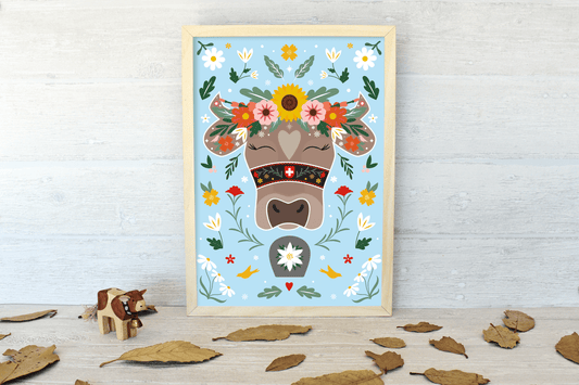 Swiss Cow Floral Edelweiss Art Print