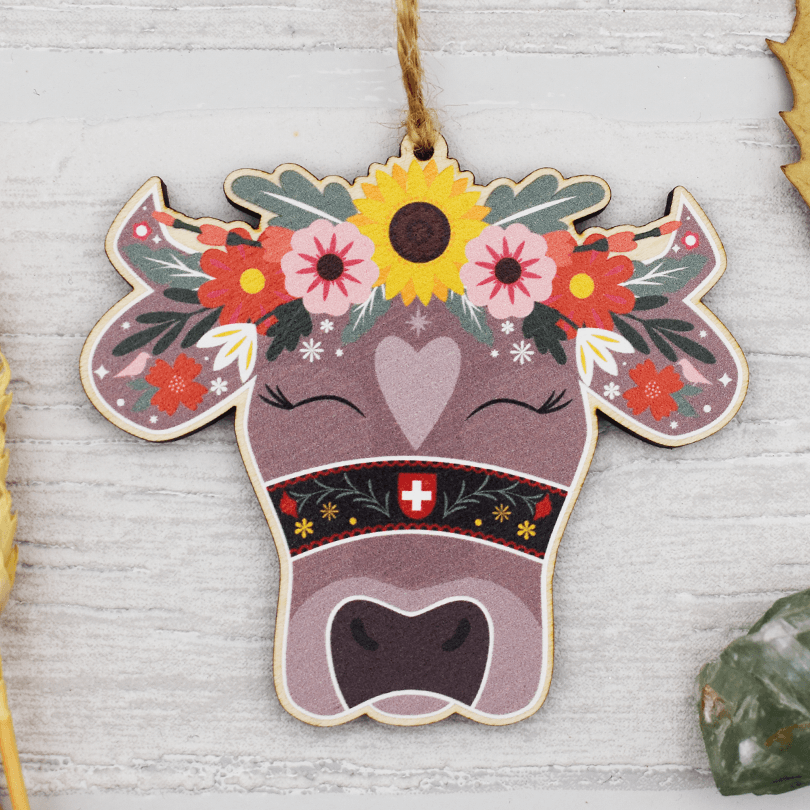 Swiss Cow Floral Wooden Souvenir Decoration