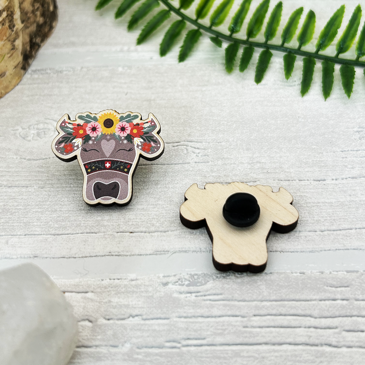 Swiss Cow Wood Pin Badge