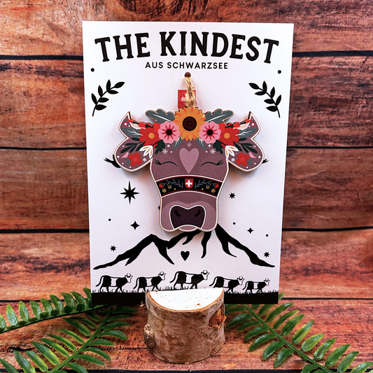 Swiss Cow Floral Wooden Souvenir Decoration on backing card