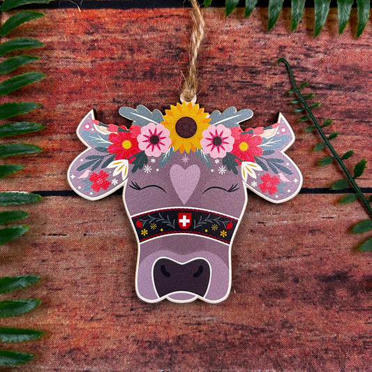 Swiss Cow Floral Wooden Souvenir Decoration
