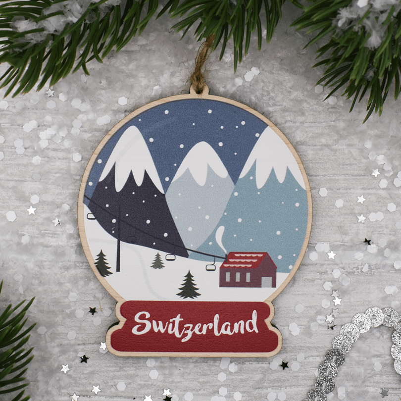 Switzerland Alps Snow Globe Wooden Decoration