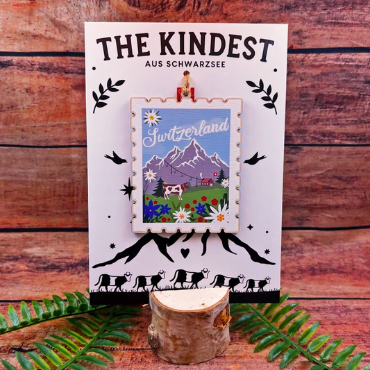 Switzerland Postage Stamp Wooden Decoration on branded backing card