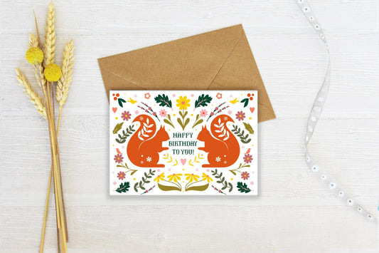 Folk Art Squirrel Birthday Card