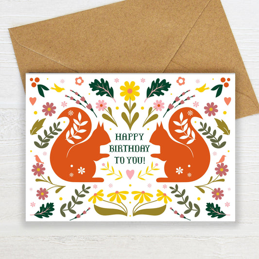 Folk Art Squirrel Birthday Card