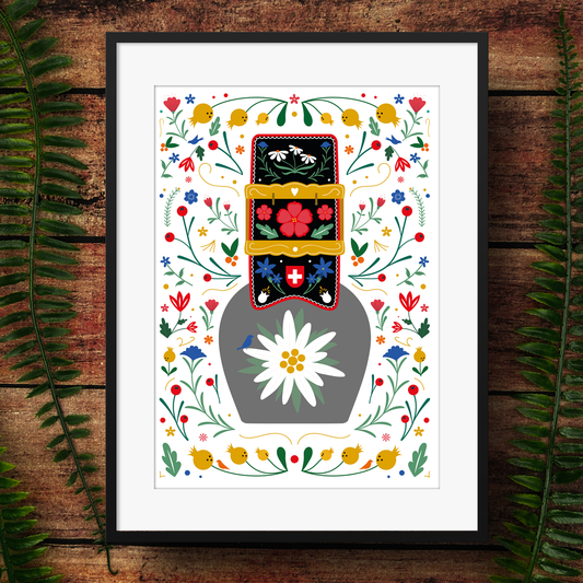 Decorative illustrated Swiss cow bell print