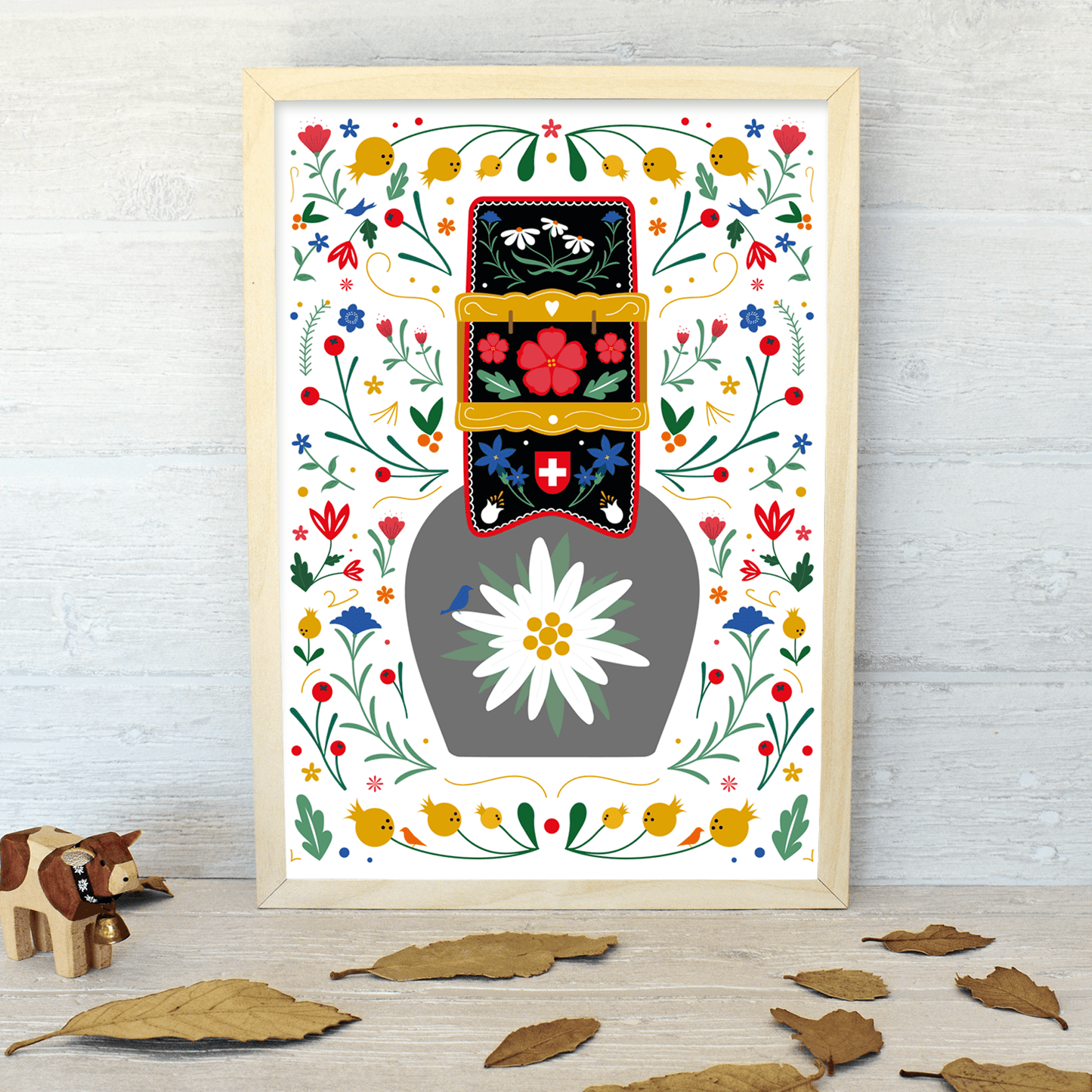 Swiss Edelweiss Cow Bell Art Print