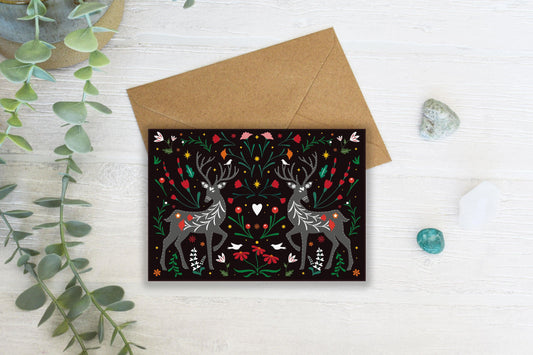 Folk Art Enchanted Forest and Deer Greeting Card