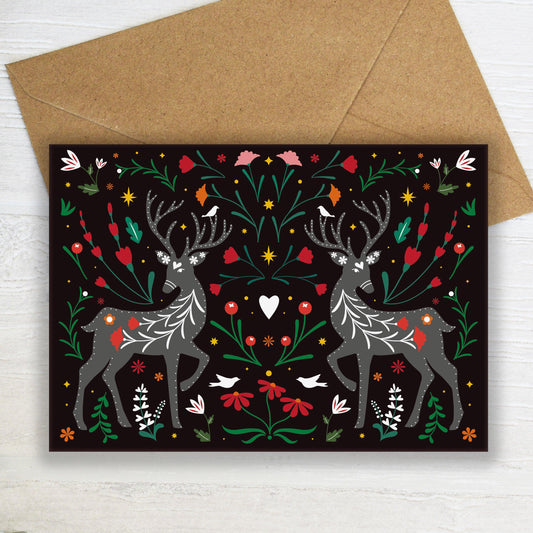 Folk Art Enchanted Forest and Deer Greeting Card