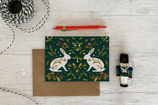 Folk Art Hares Christmas Card