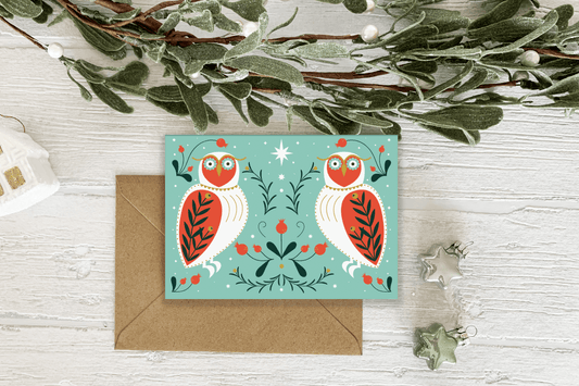 Folk Art Owls Christmas Card