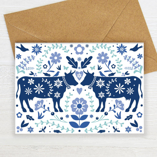 Swiss Blue Floral Cows Greeting Card