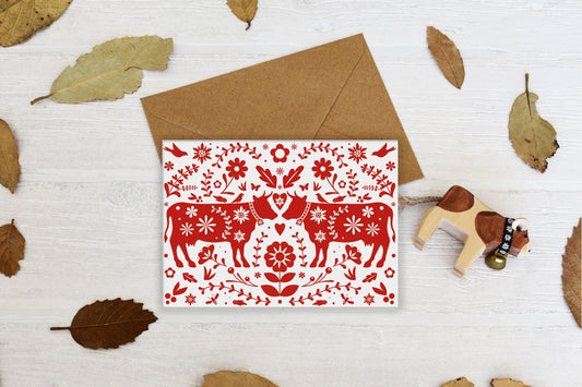 Swiss Red Floral Cows Greeting Card