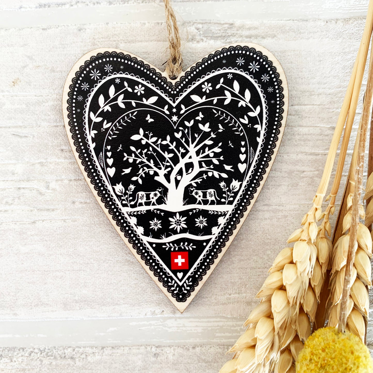 Swiss Paper Cut Heart Wooden Decoration