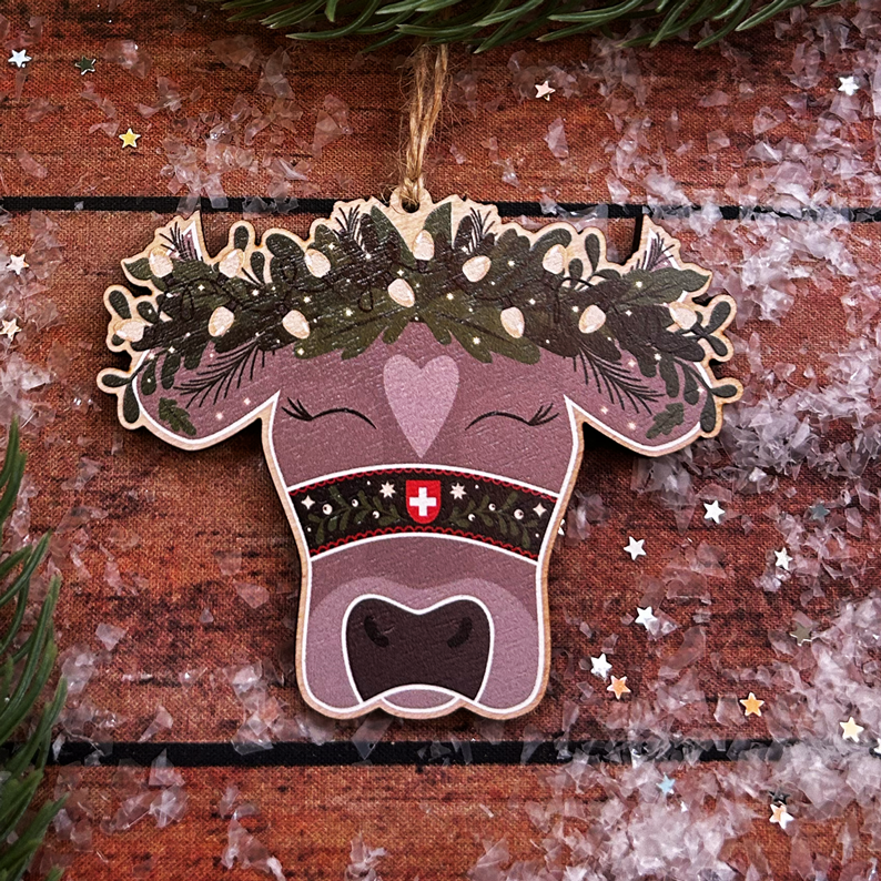Brown Swiss Cow Festive Wooden Decoration