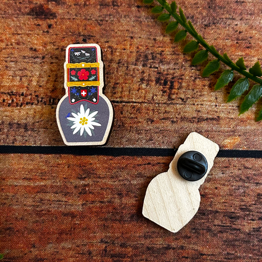 Illustrated swiss cow bell wooden pin badge souvenir