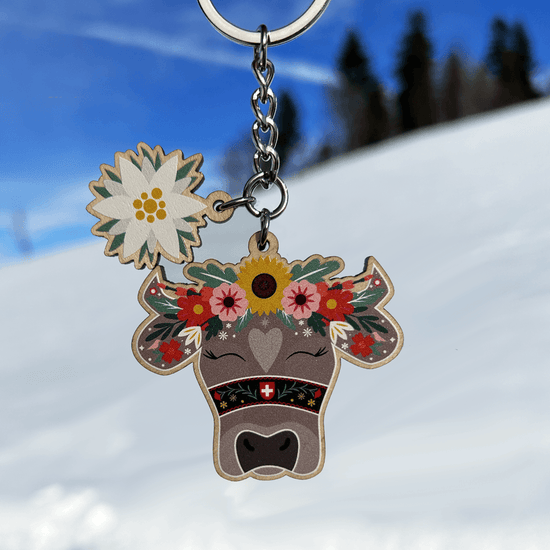 Swiss Floral Cow and Edelweiss Keyring