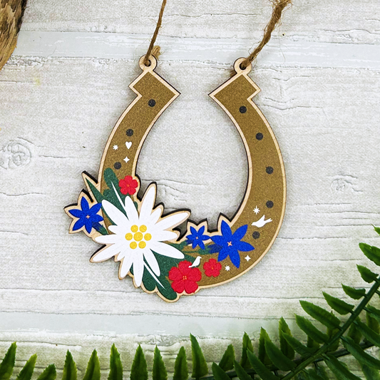 Edelweiss Horseshoe Wooden Decoration