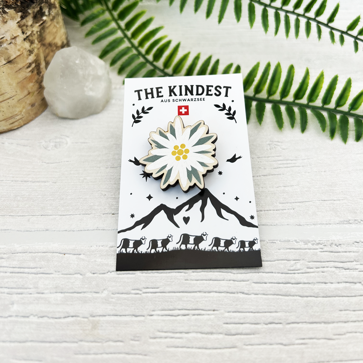 Swiss Edelweiss Wood Pin Badge