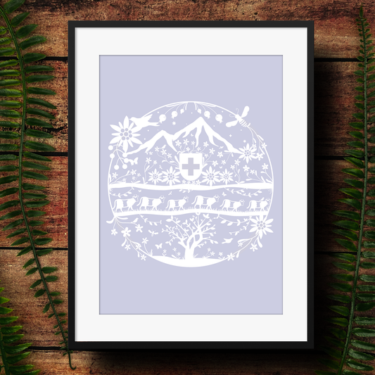 illustrated Swiss Papercut style art print in white and lavender 