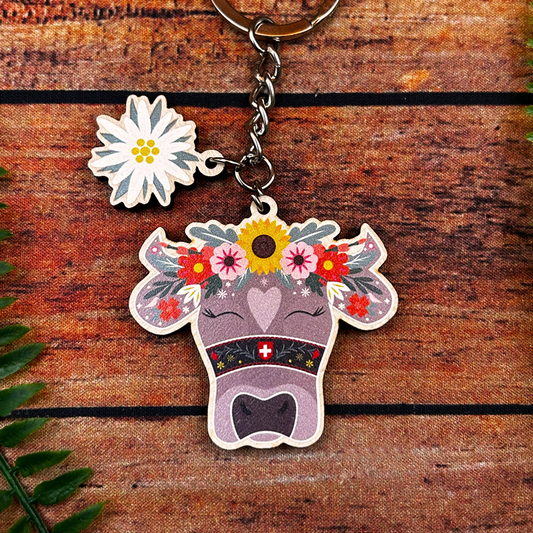 Swiss Floral Cow and Edelweiss Keyring switzerland souvenir