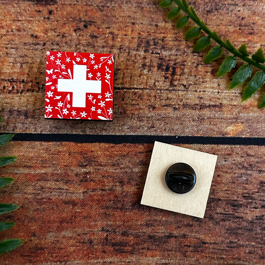 swiss flag wooden pin badge souvenir of switzerland